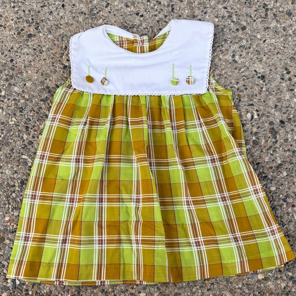 1970s Handmade Baby Dress Plaid Prairie Style 6–12M Vintage